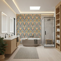 Ornate Bloom Damask flower wallpaper, grand acanthus leaf motif, splendid design.