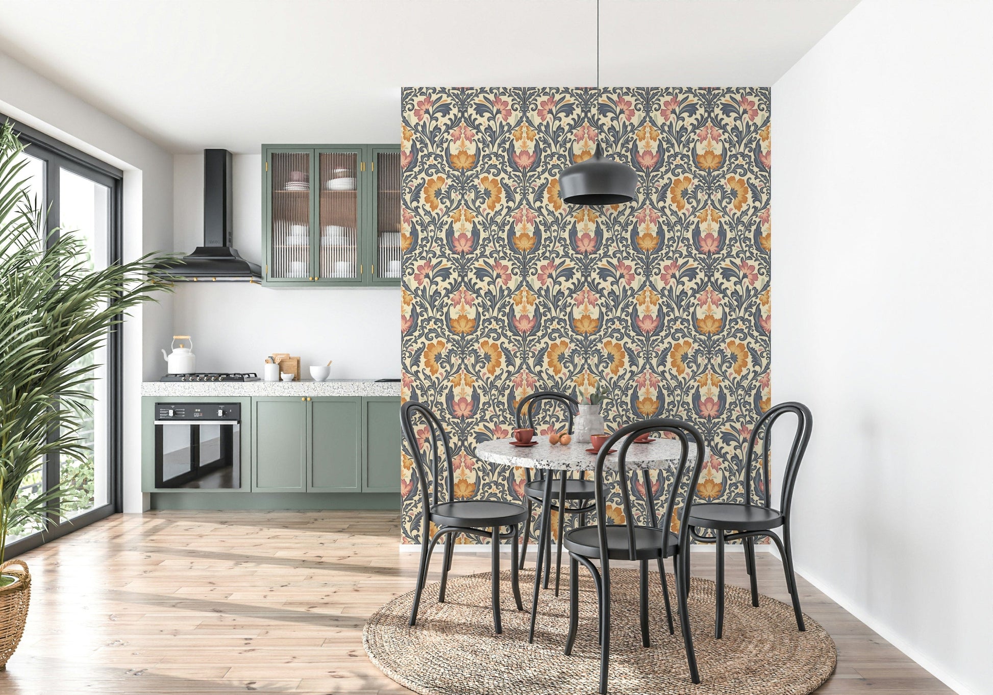 Stylish Bloom Damask design. Luxurious peach blossom and ochre flower pattern wallpaper.
