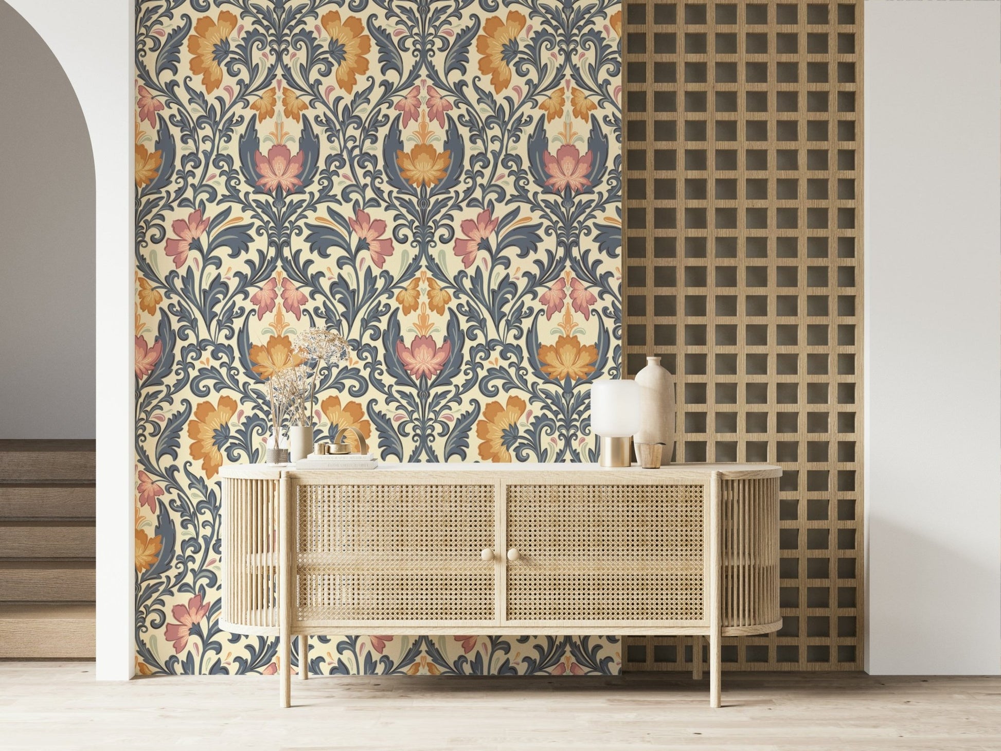 Wallpaper featuring the sophisticated Bloom Damask print, delicate leaf scrollwork.