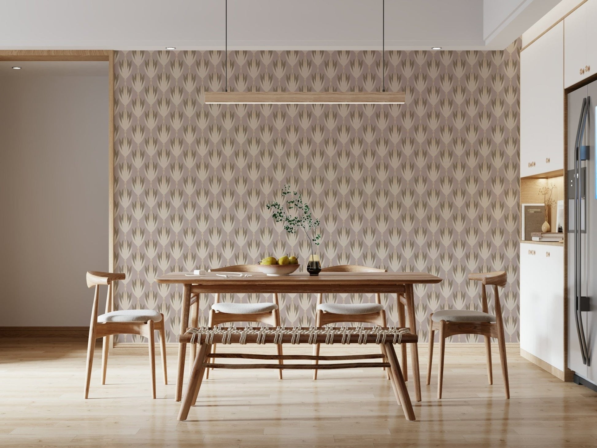 Minimal botanical repeat wallpaper in warm taupe