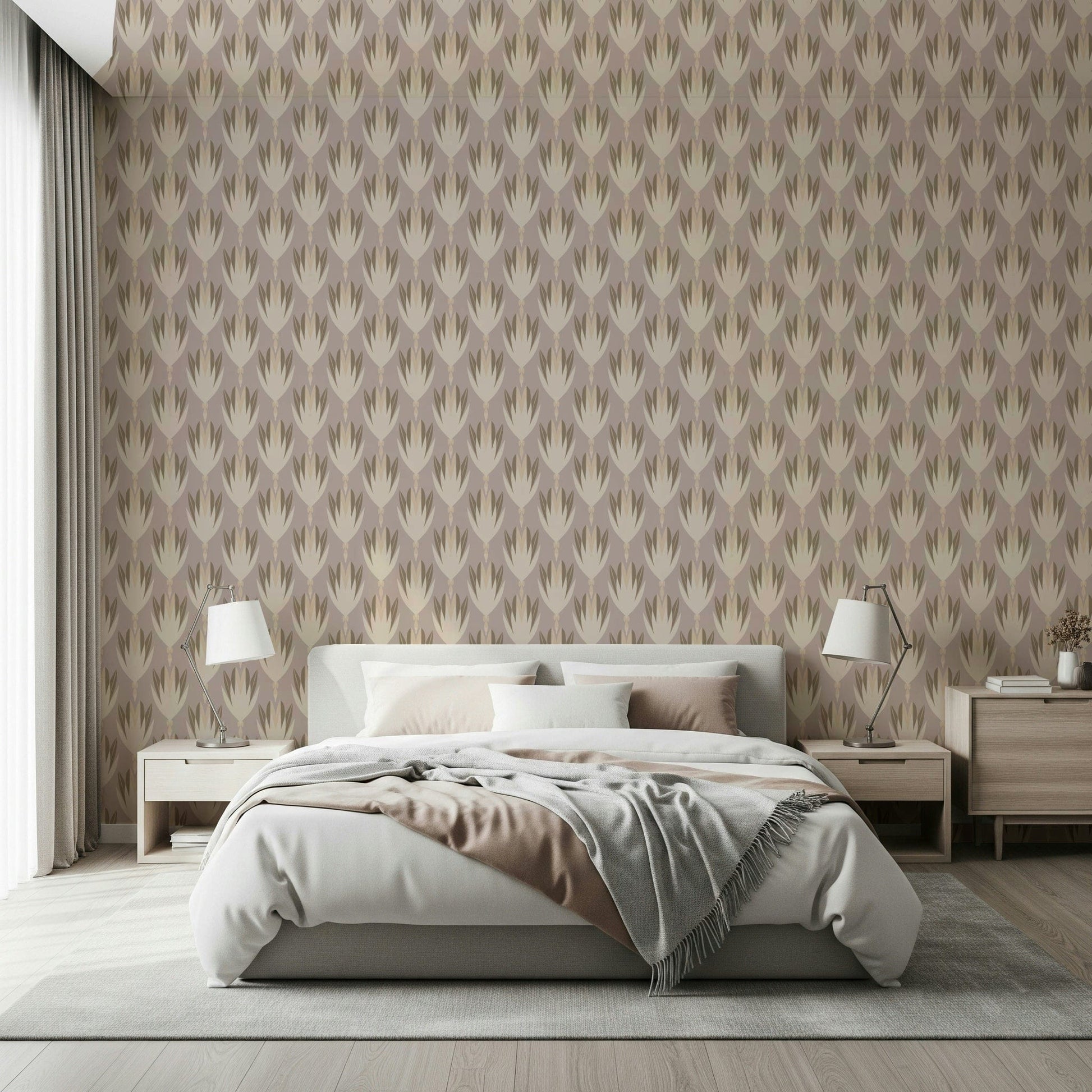Bloom Echo wallpaper with repeating beige floral motif