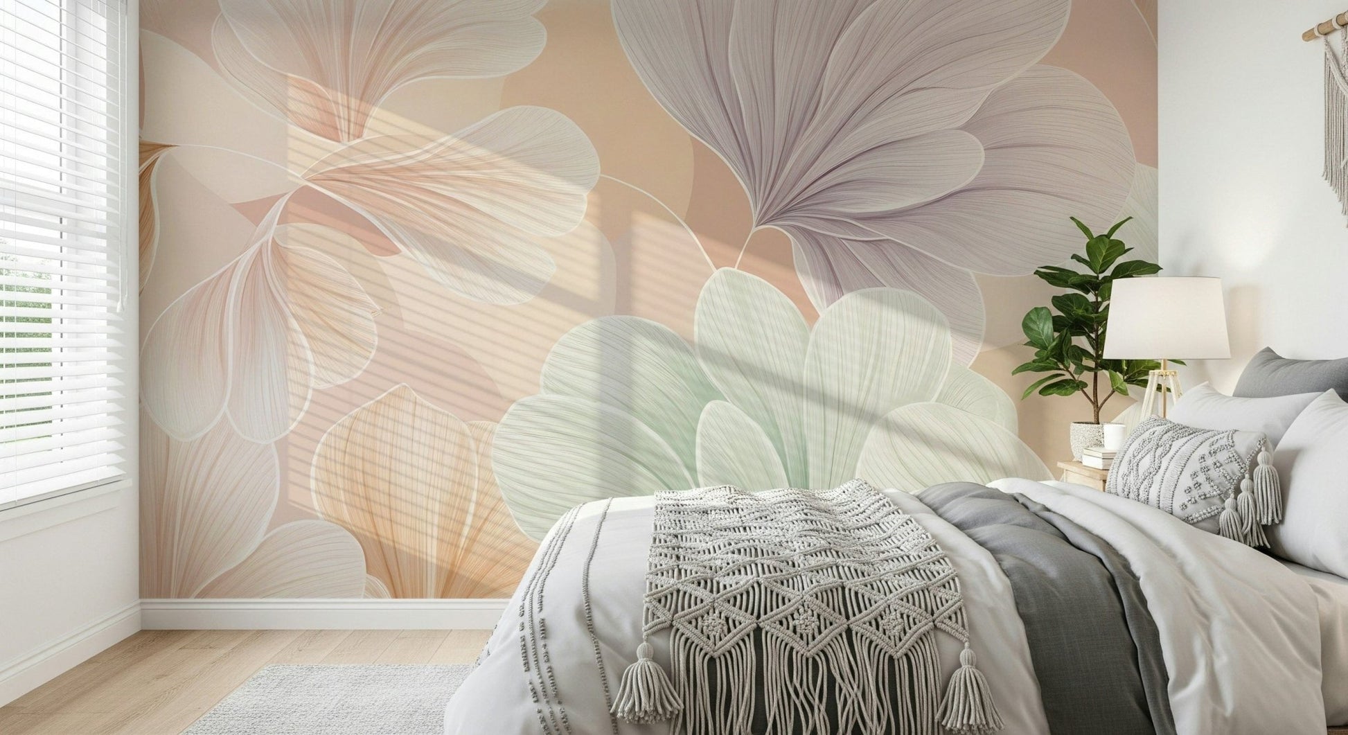 Spacious living space with Vintage Botanical Mural.