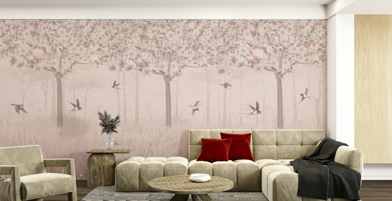 The design features graceful, blooming flowers and flying elements.

