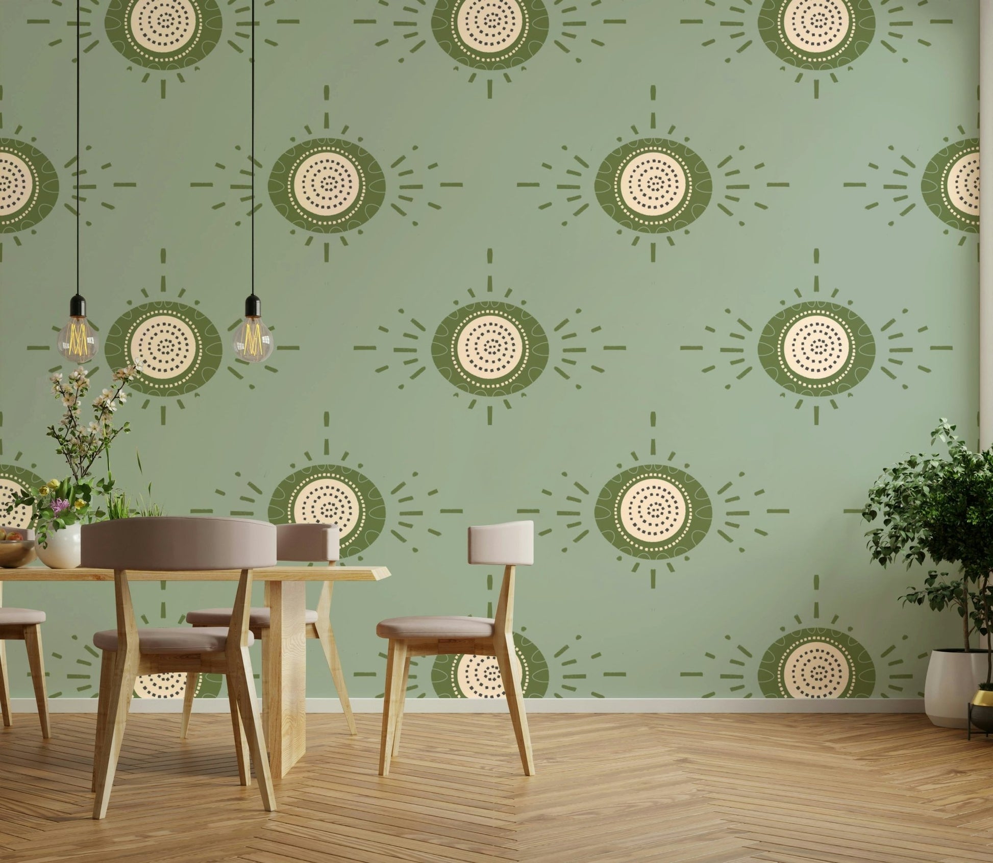 Scandinavian mid-mod design featuring earthy tones of sage and olive

