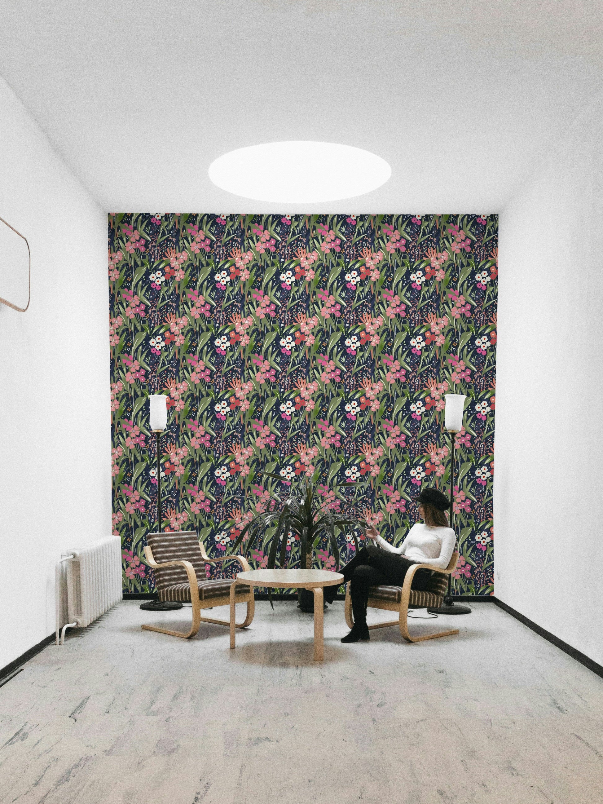 A detail shot of the elegant lines in the wallpaper.