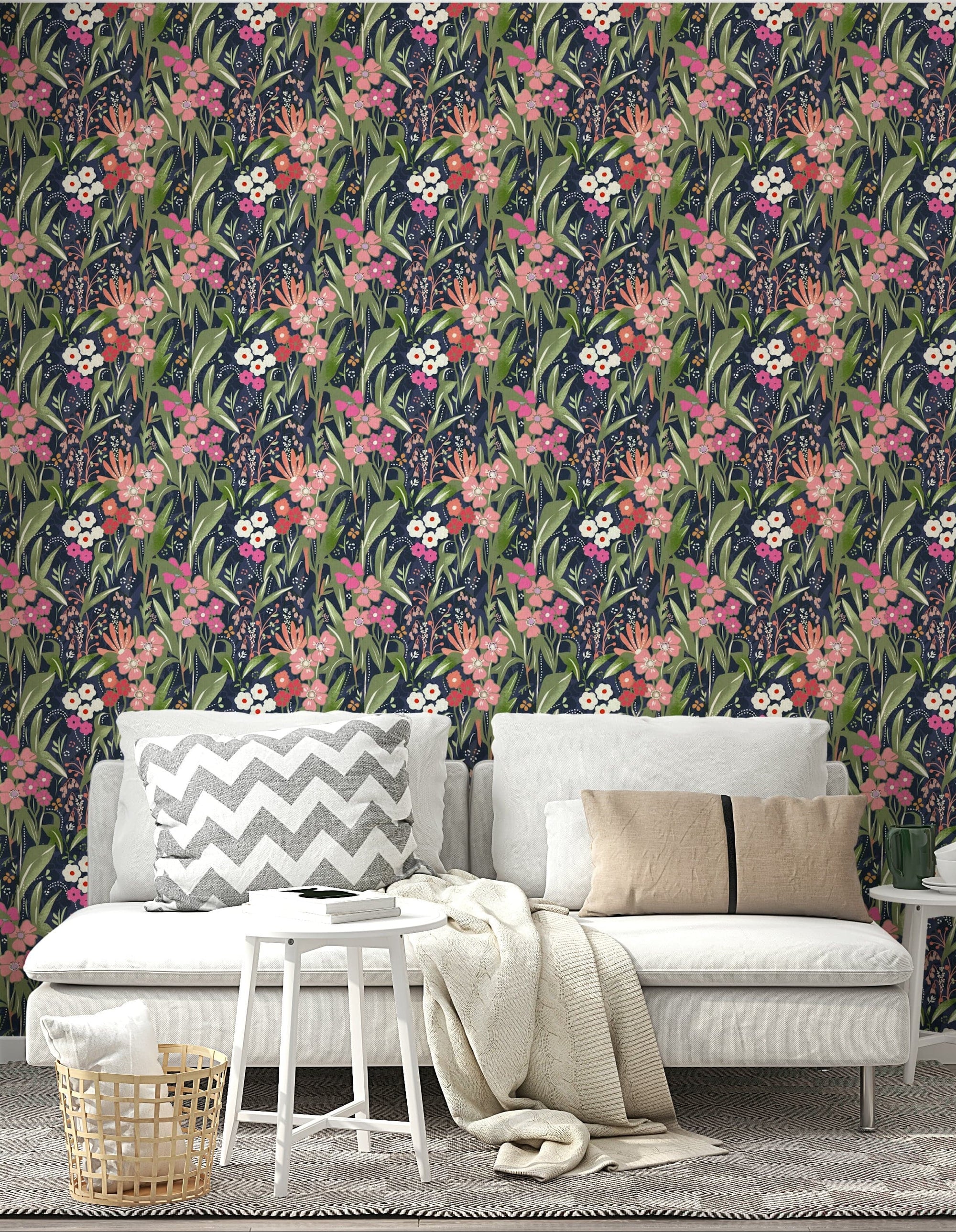 A beautiful modern living room with a dark floral mural.