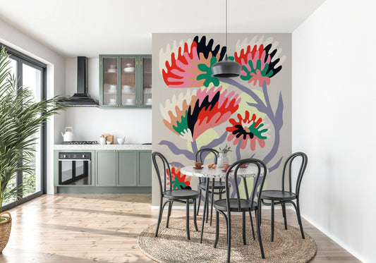A contemplative floral pattern wallpaper mural for a feature wall.