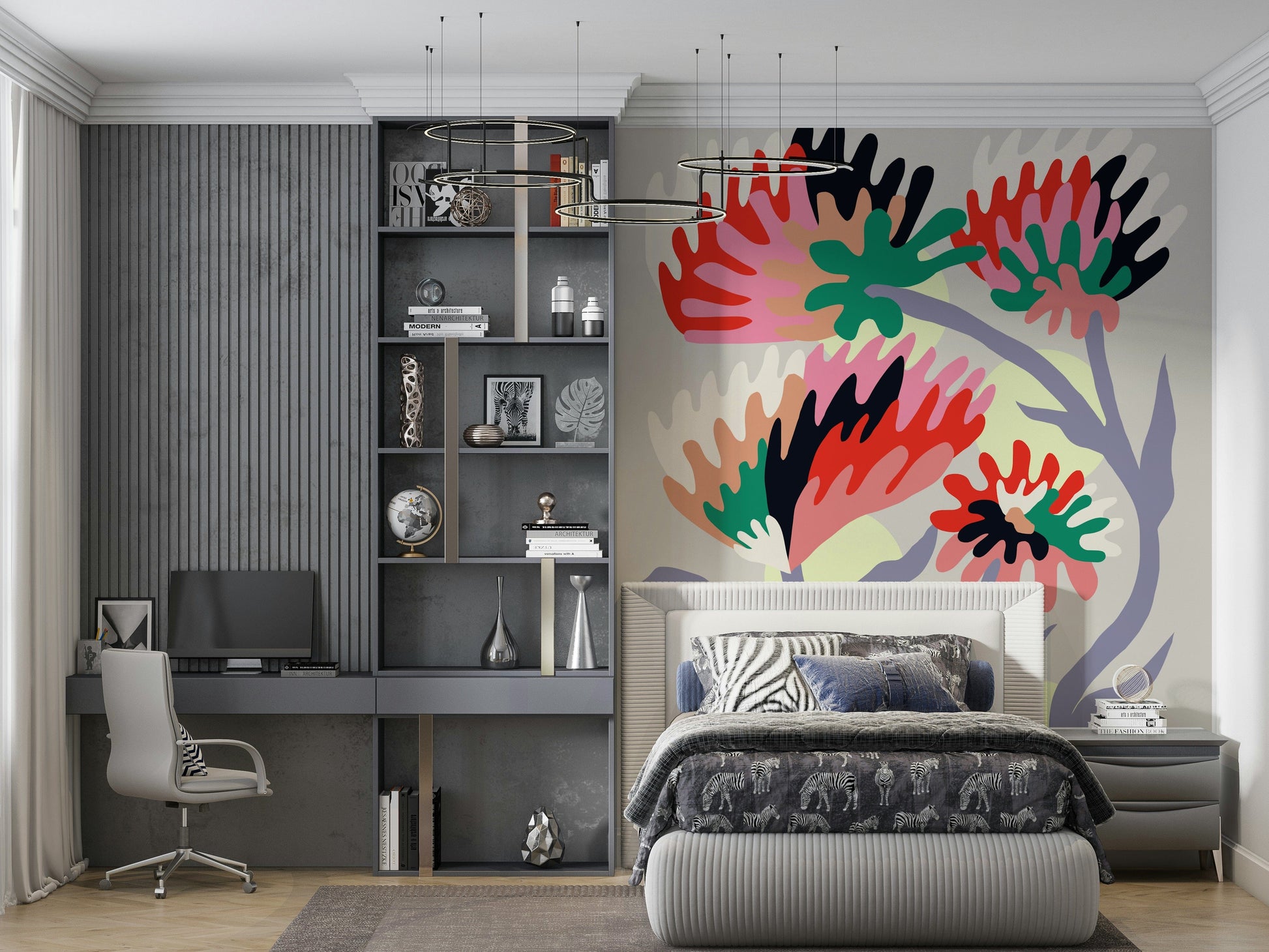 An artistic delicate bloom mural on minimalist wallpaper.