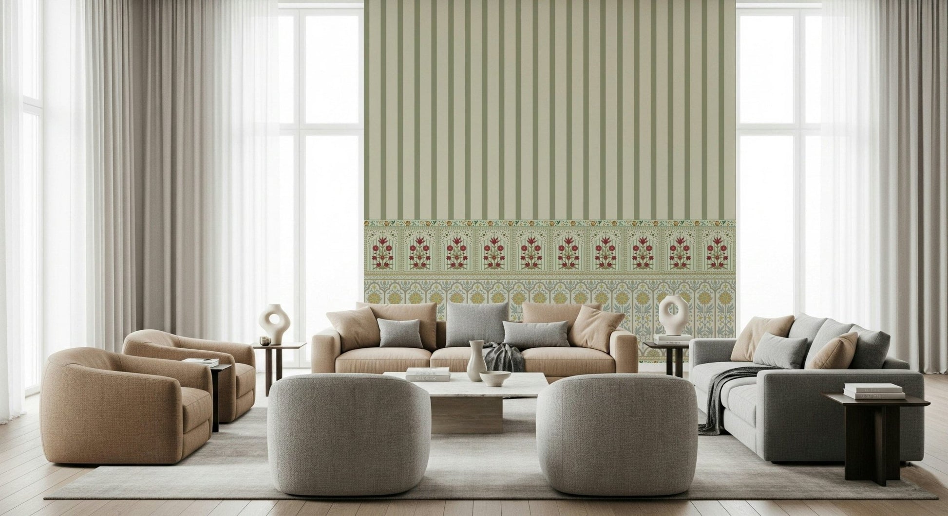 Floral wallpaper border featuring vertical striped wallpaper design