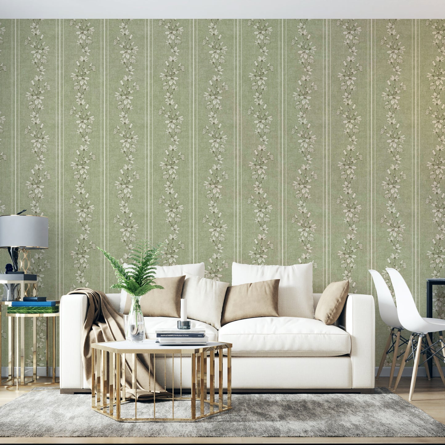 Striped sage wallpaper with blooming florals

