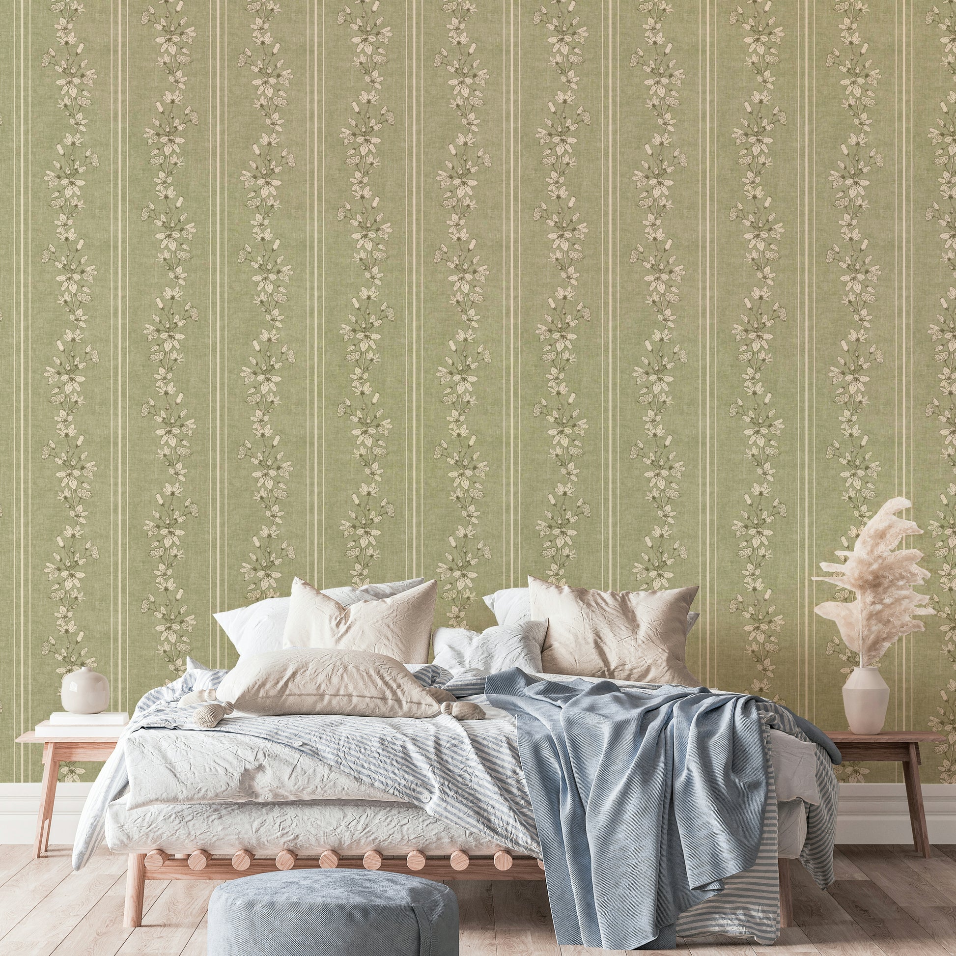 Bloom stripe sage wallpaper for romantic decor

