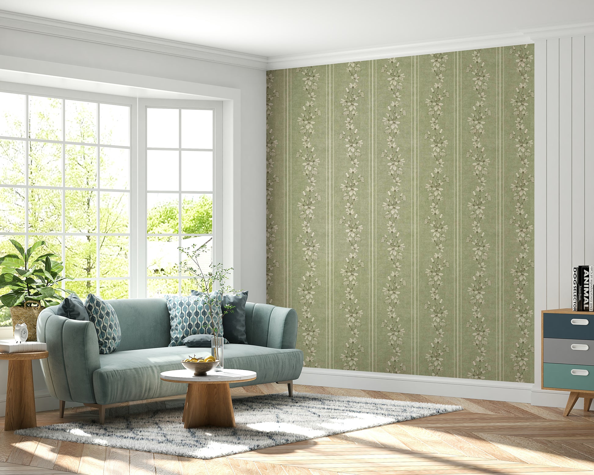 Classic floral stripe wallpaper in soft green

