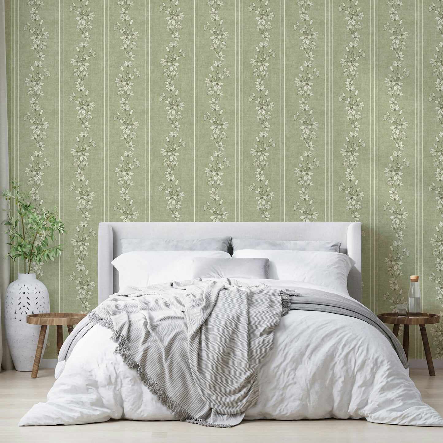 Botanical stripe pattern wallpaper in sage

