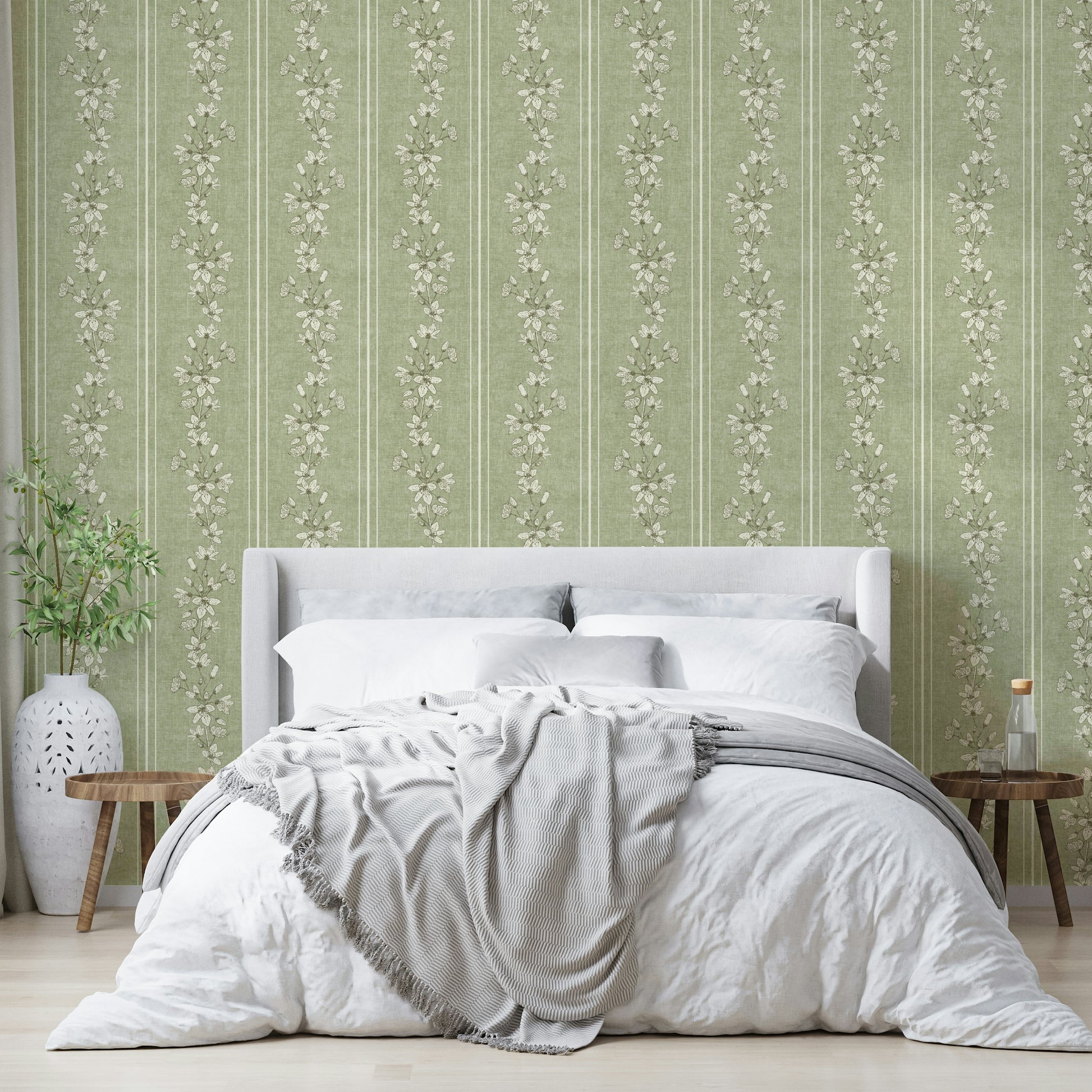 Botanical stripe pattern wallpaper in sage

