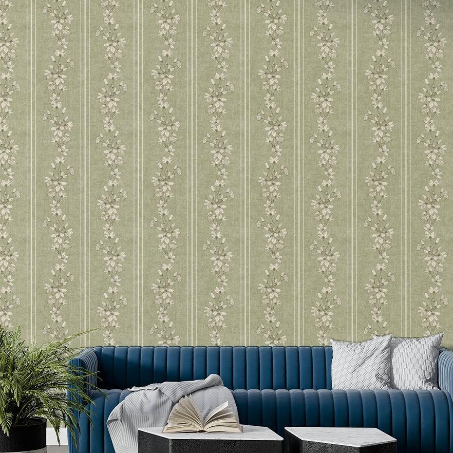Bloom stripe wallpaper in soft green tones

