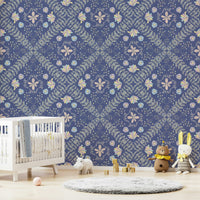deep blue wallpaper with a floral pattern

