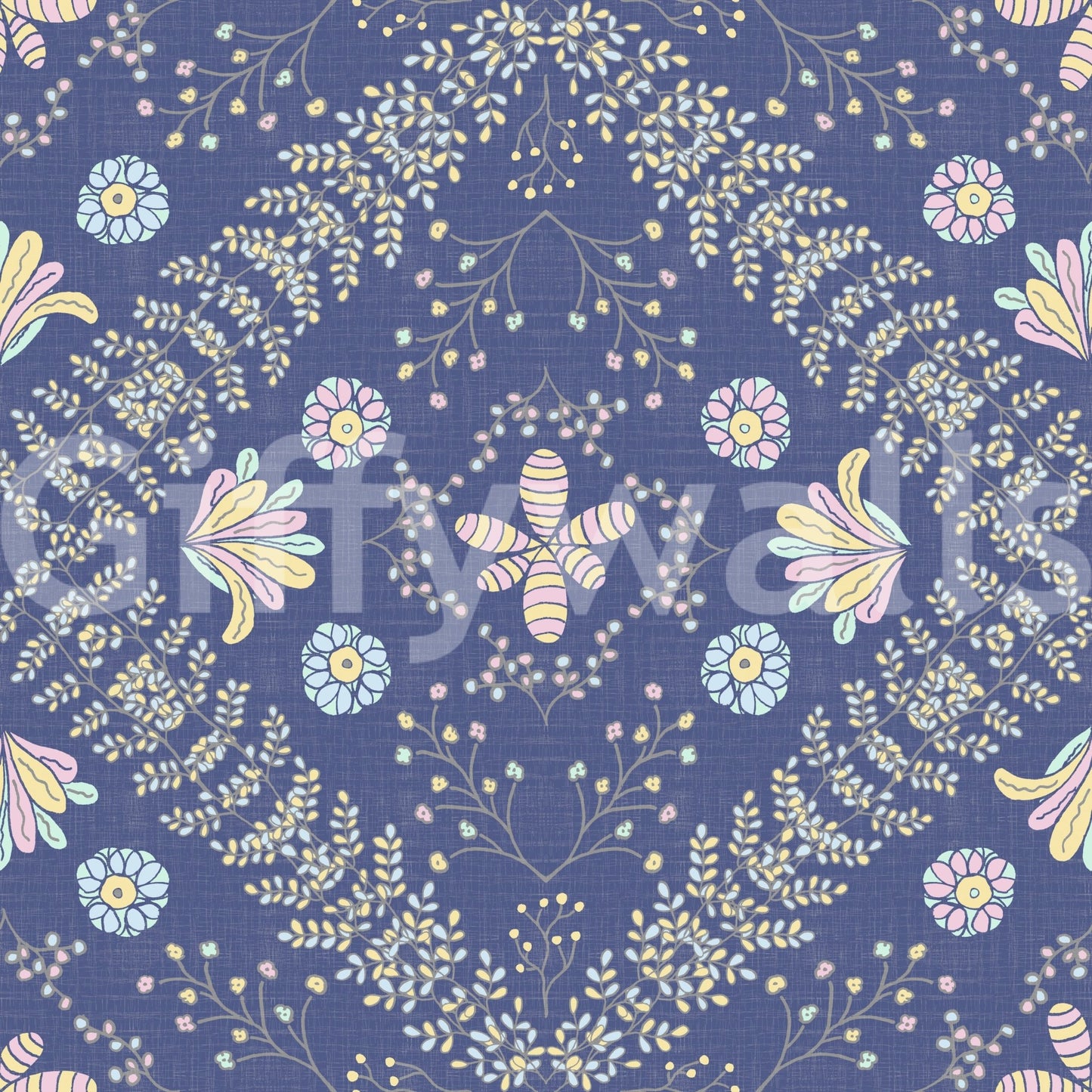 botanical motifs on a blue background

