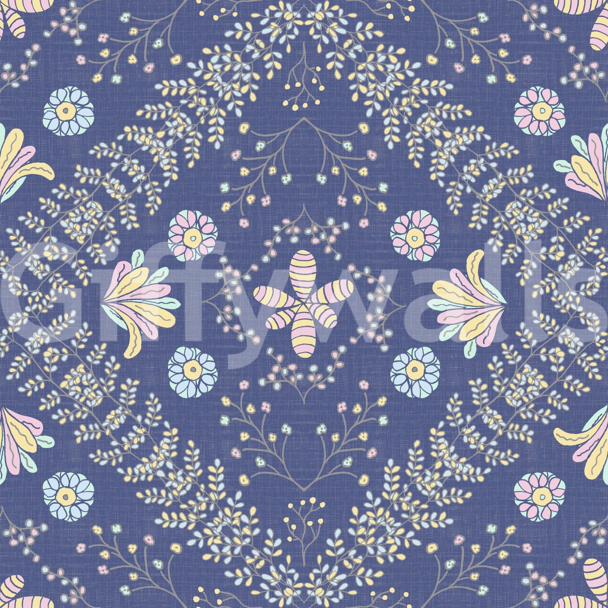 botanical motifs on a blue background

