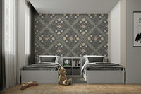 gray wallpaper with a floral pattern


