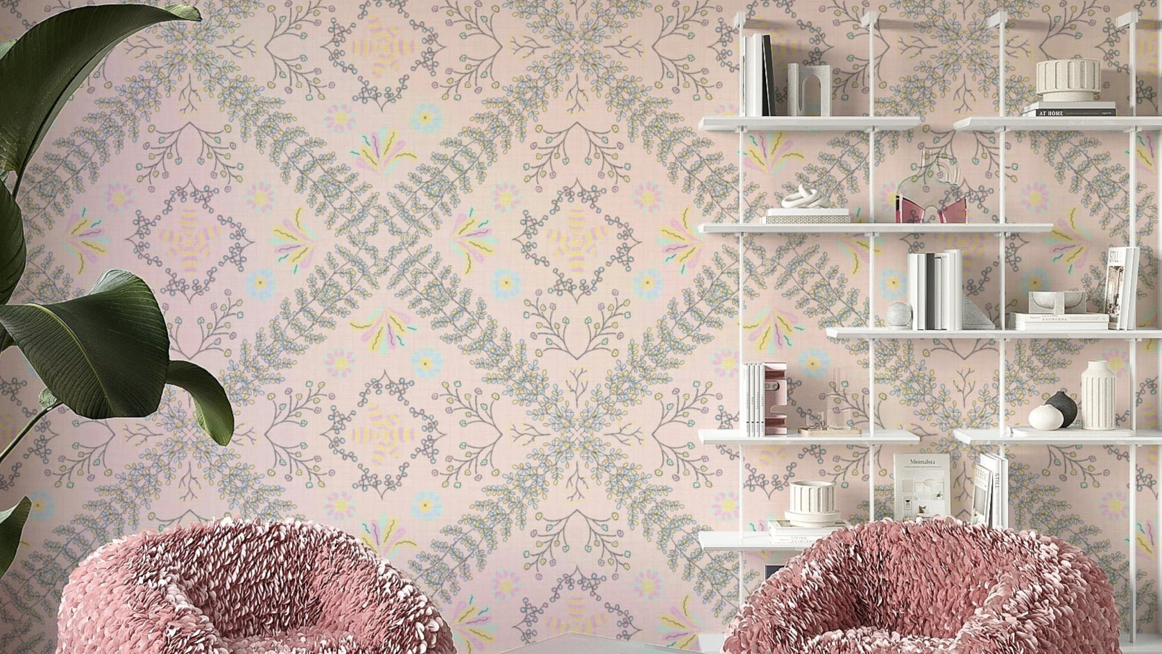 delicate botanical pattern on a pink background

