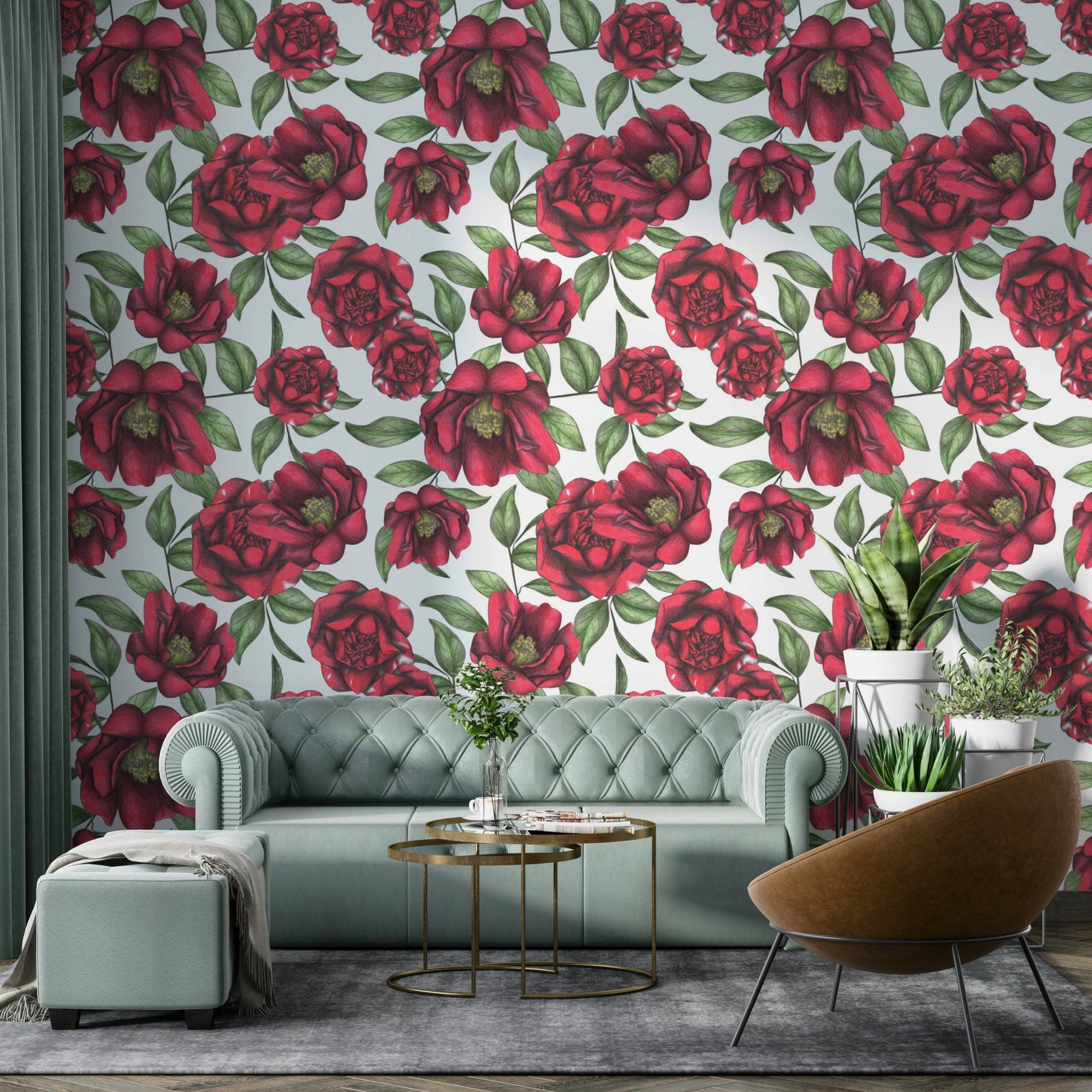 Red camellia flower wallpaper with green leaves

