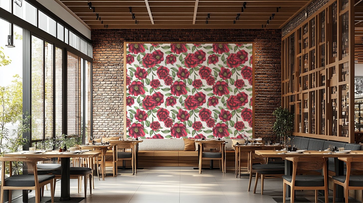 Wallpaper with blooming red flowers on white

