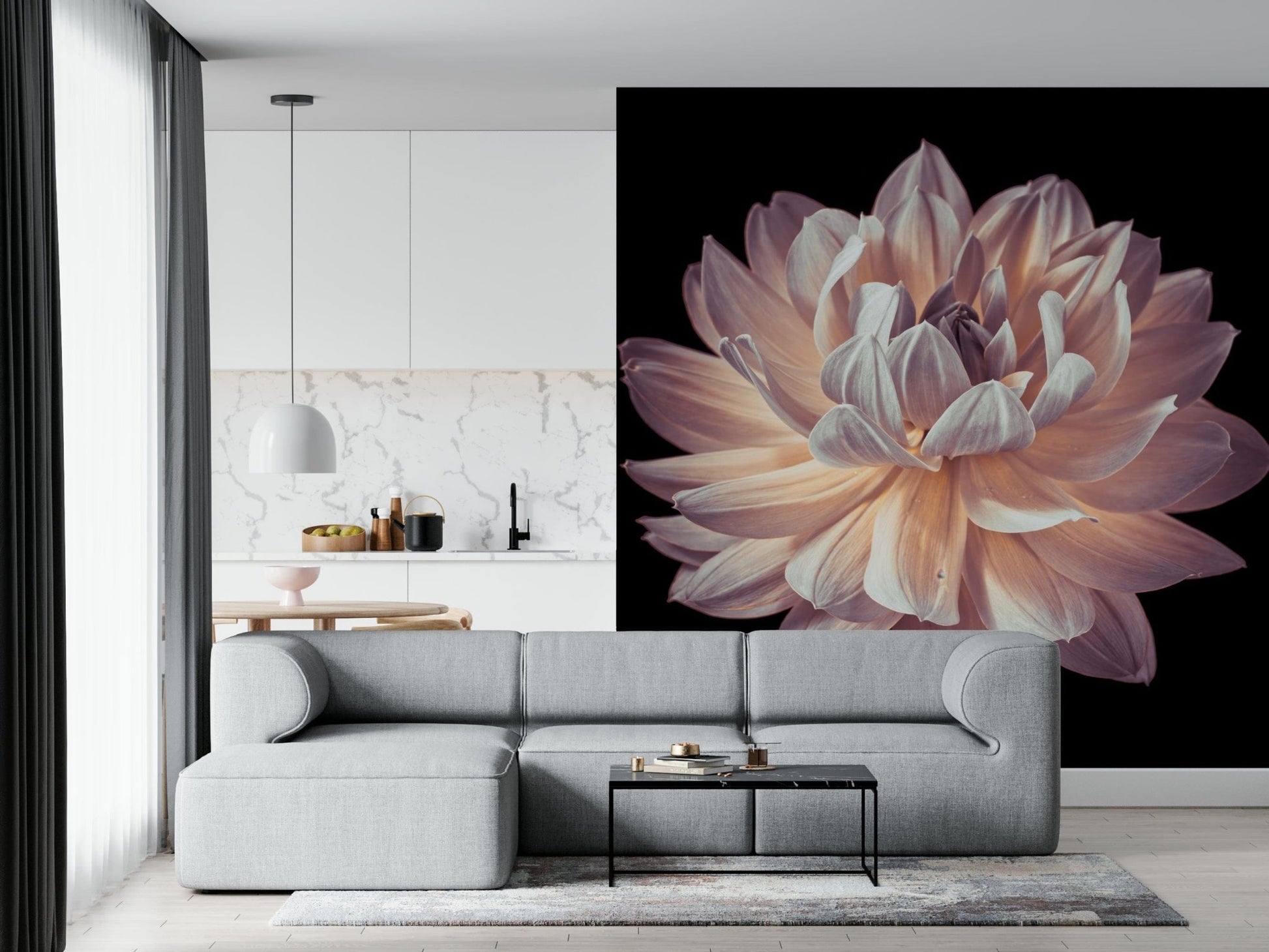 Nature-inspired mural featuring a blooming dahlia in warm, muted tones.
