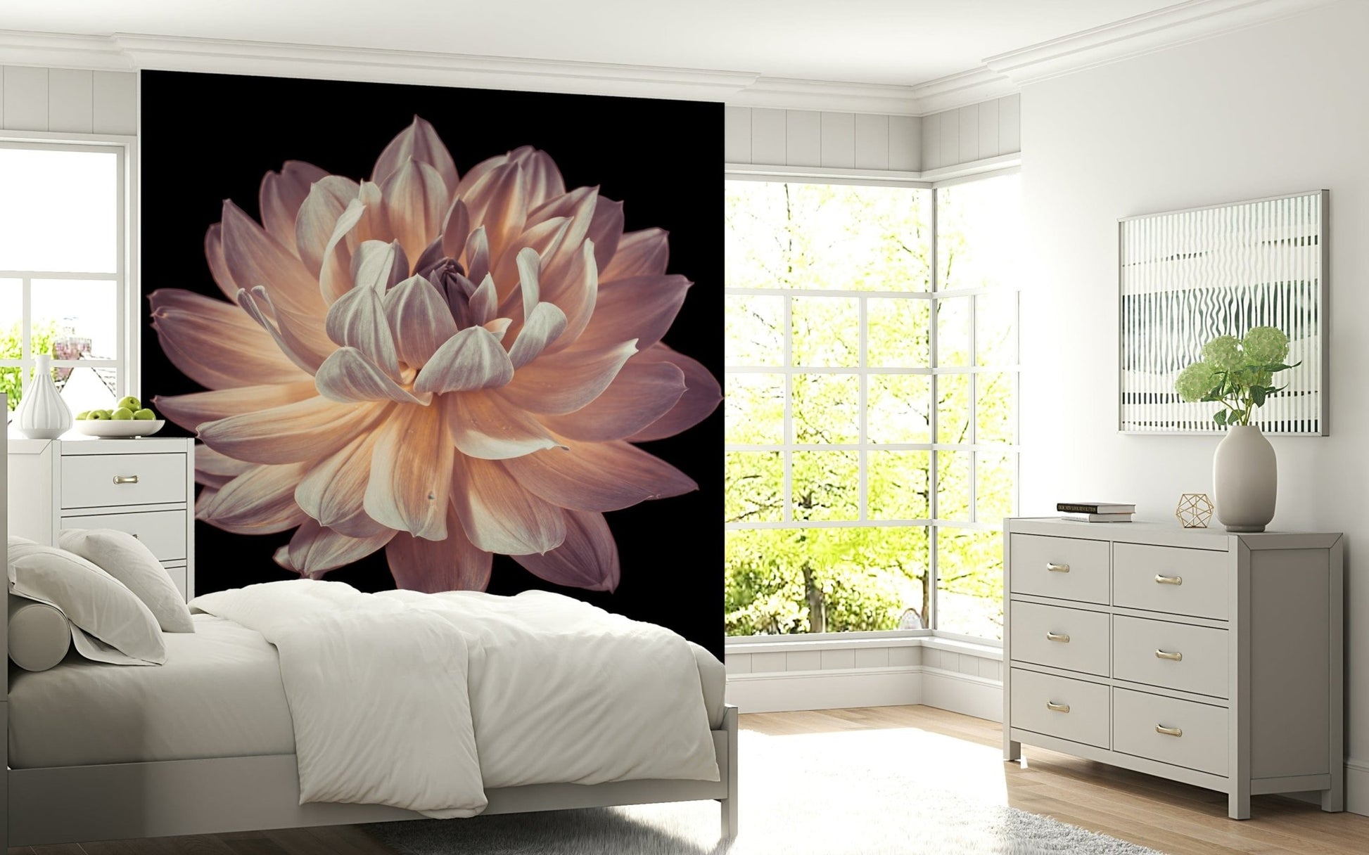 Artistic wall mural showing the sculptural beauty of a dahlia’s curled petals.