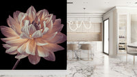 Elegant botanical mural highlighting the delicate curves of a blooming dahlia flower.