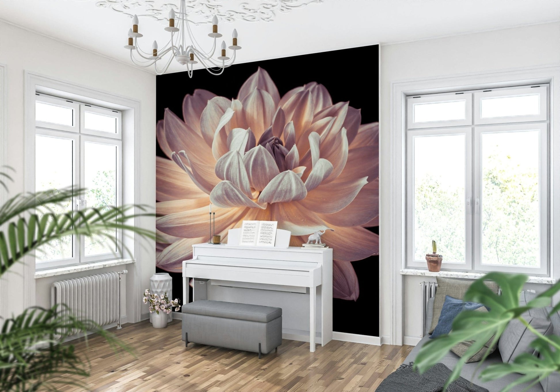 Textured botanical mural capturing the depth and detail of a blooming dahlia.