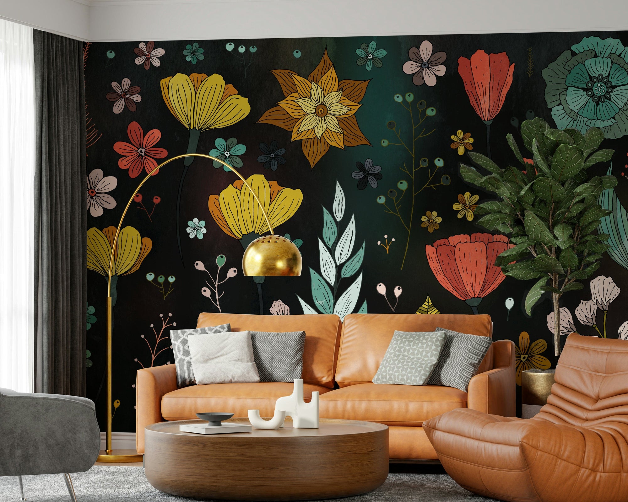 Harmony in Bloom wallpaper mural with folk-art flowers on a dark wall behind a tan leather sofa in a living room