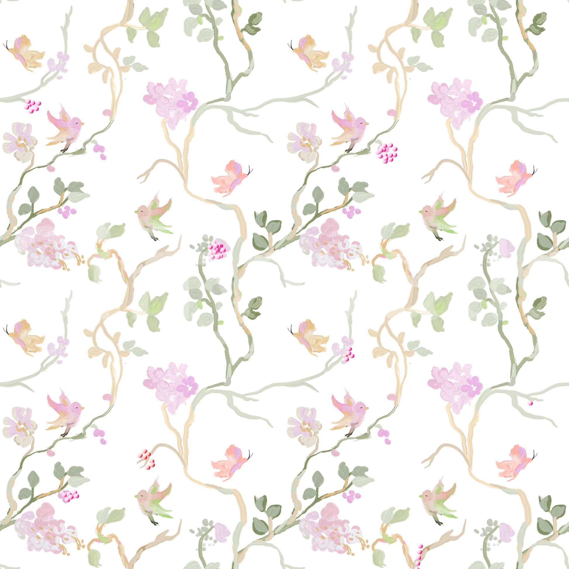 spring floral wallpaper with dainty blossoms and bird motifs
