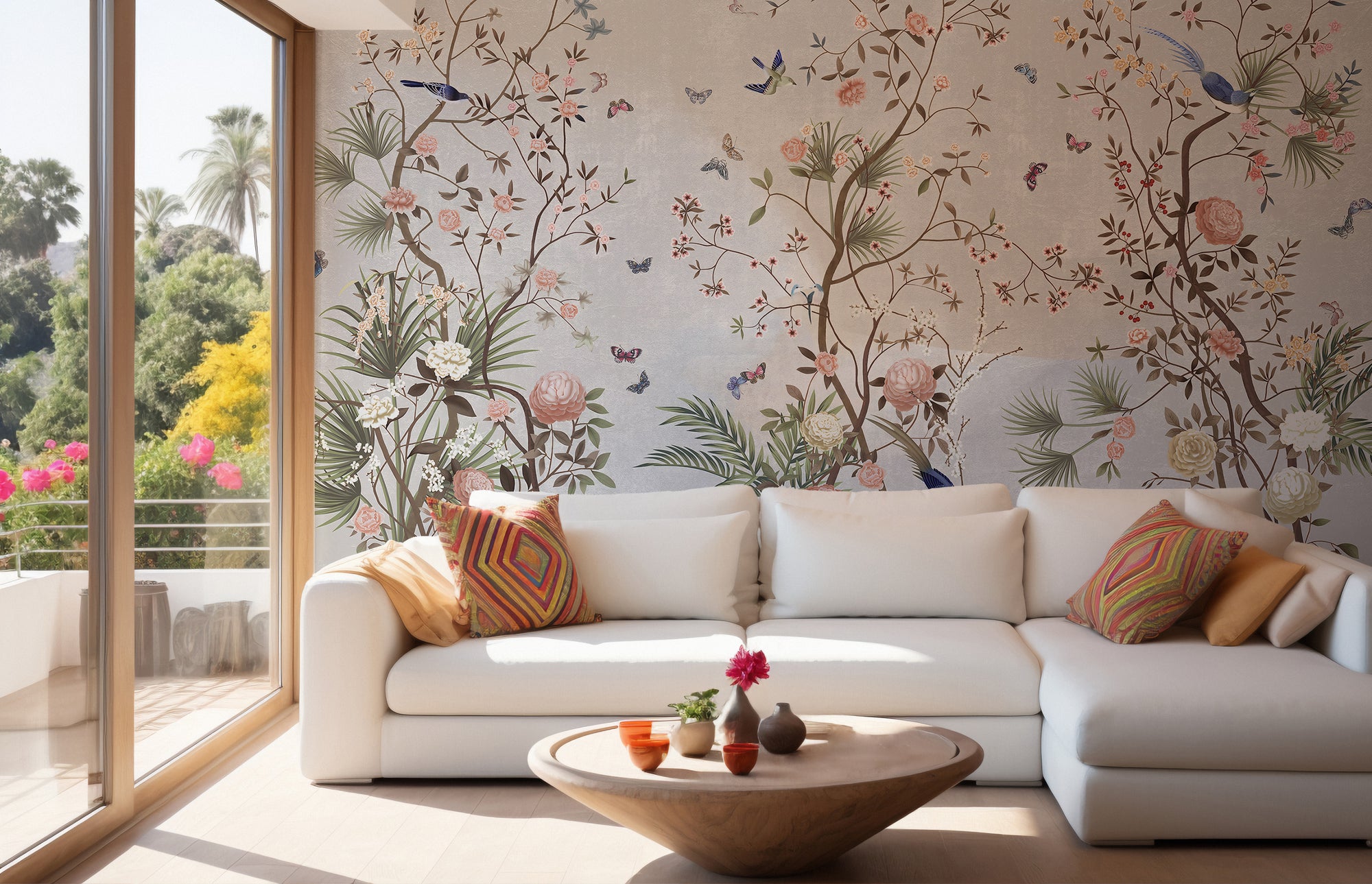 Blossoms Colorful Floral wallpaper mural shown as a full feature wall that highlights the design