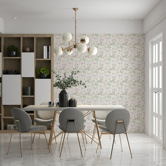 light floral wallpaper featuring tiny blossoms and flying birds on a cream background