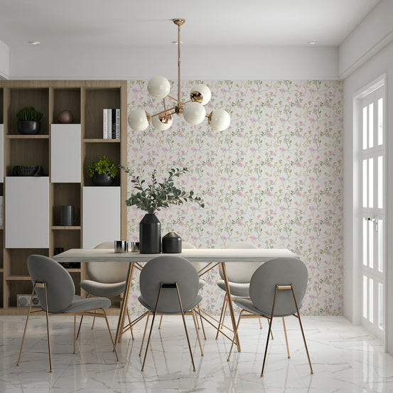 light floral wallpaper featuring tiny blossoms and flying birds on a cream background
