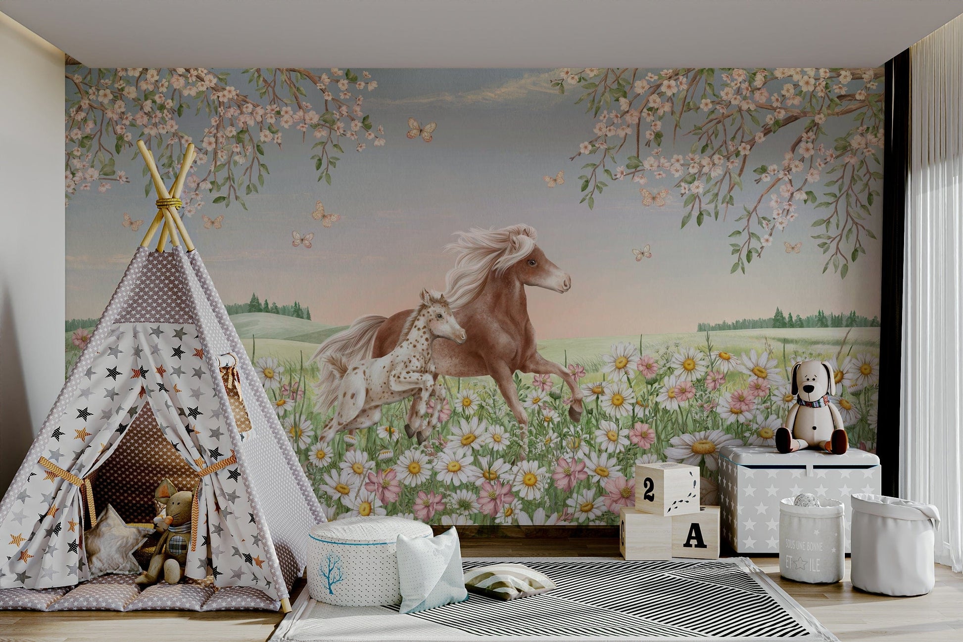 A classic floral horse wallpaper for walls.

