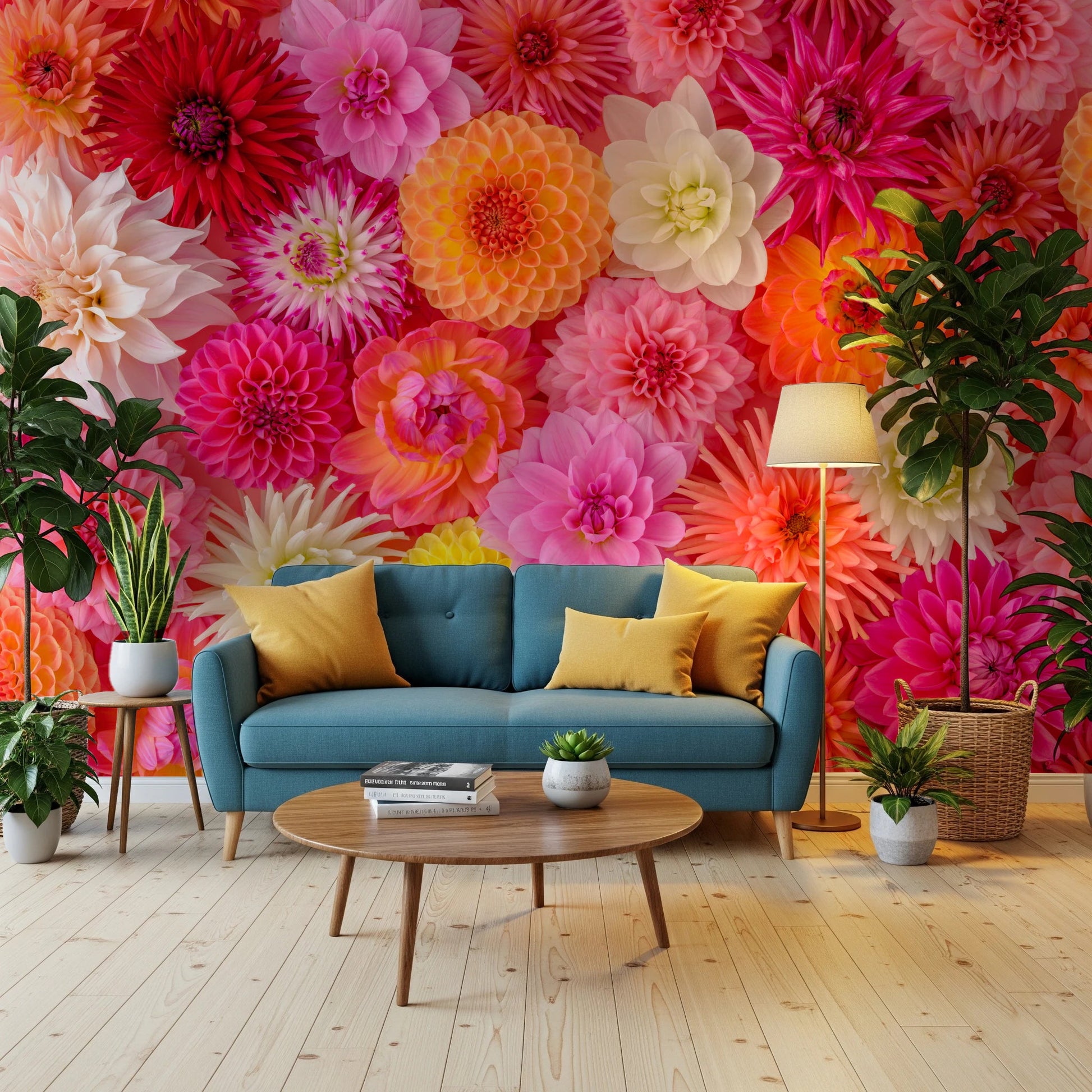 Intricate dahlia petals fill the surface of the vivid Blossom Medley Wall Mural.