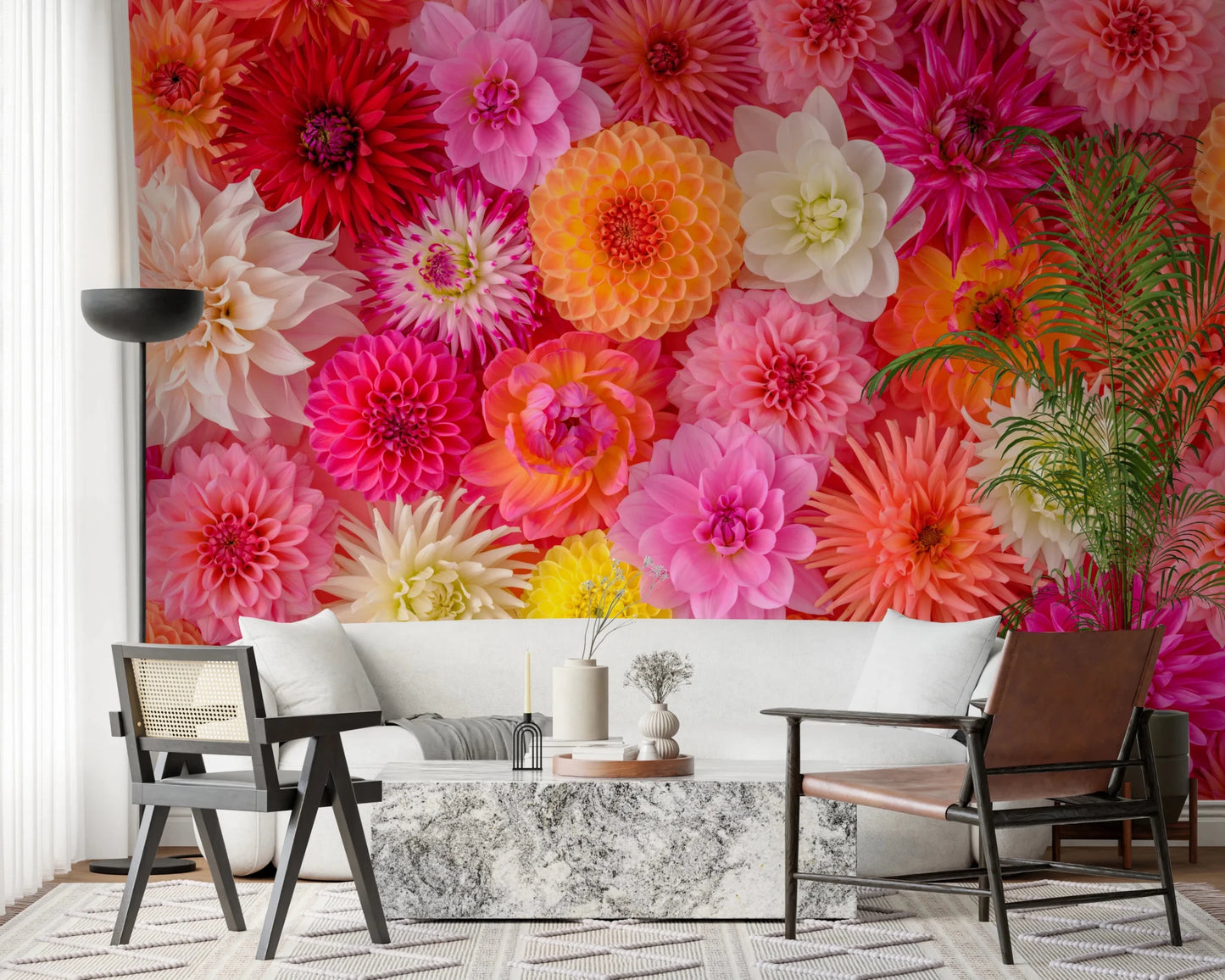 Warm golden and yellow dahlias stand out in the Blossom Medley Wall Mural design.