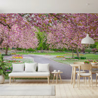 Serene Blossom Park Wall Mural with delicate spring flowers.