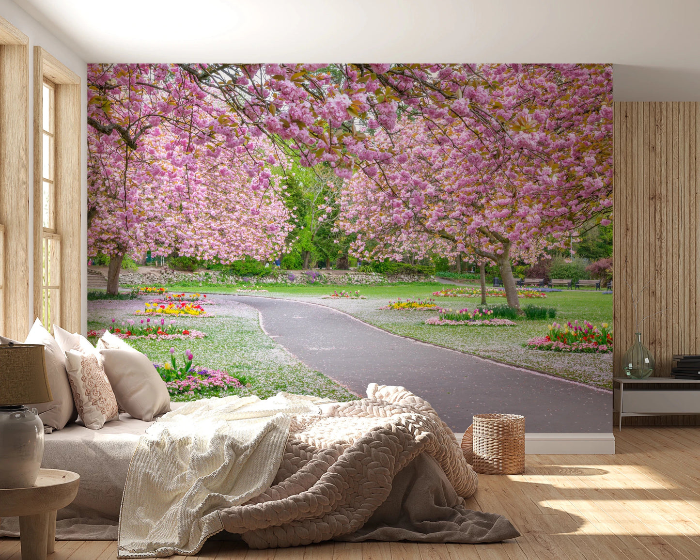 A paved walkway inside the Blossom Park Wall Mural landscape for bedroom.