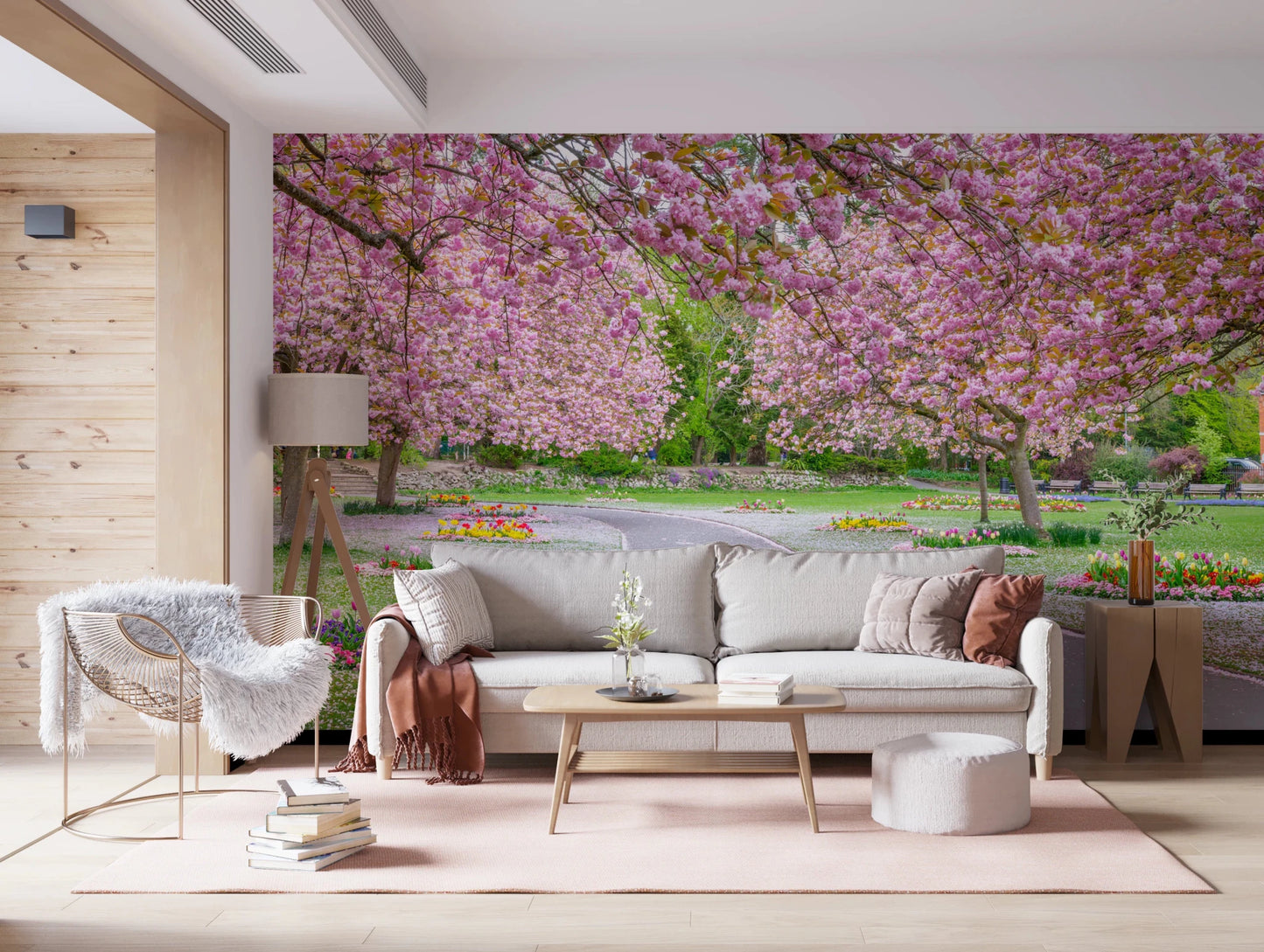 Vibrant floral Blossom Park hallway Wall Mural with springtime scenery.
