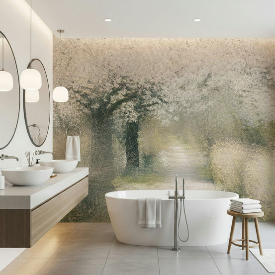 Blossom Path Serenity wallpaper mural of a white blossom tree over a garden path in a bathroom with a freestanding tub