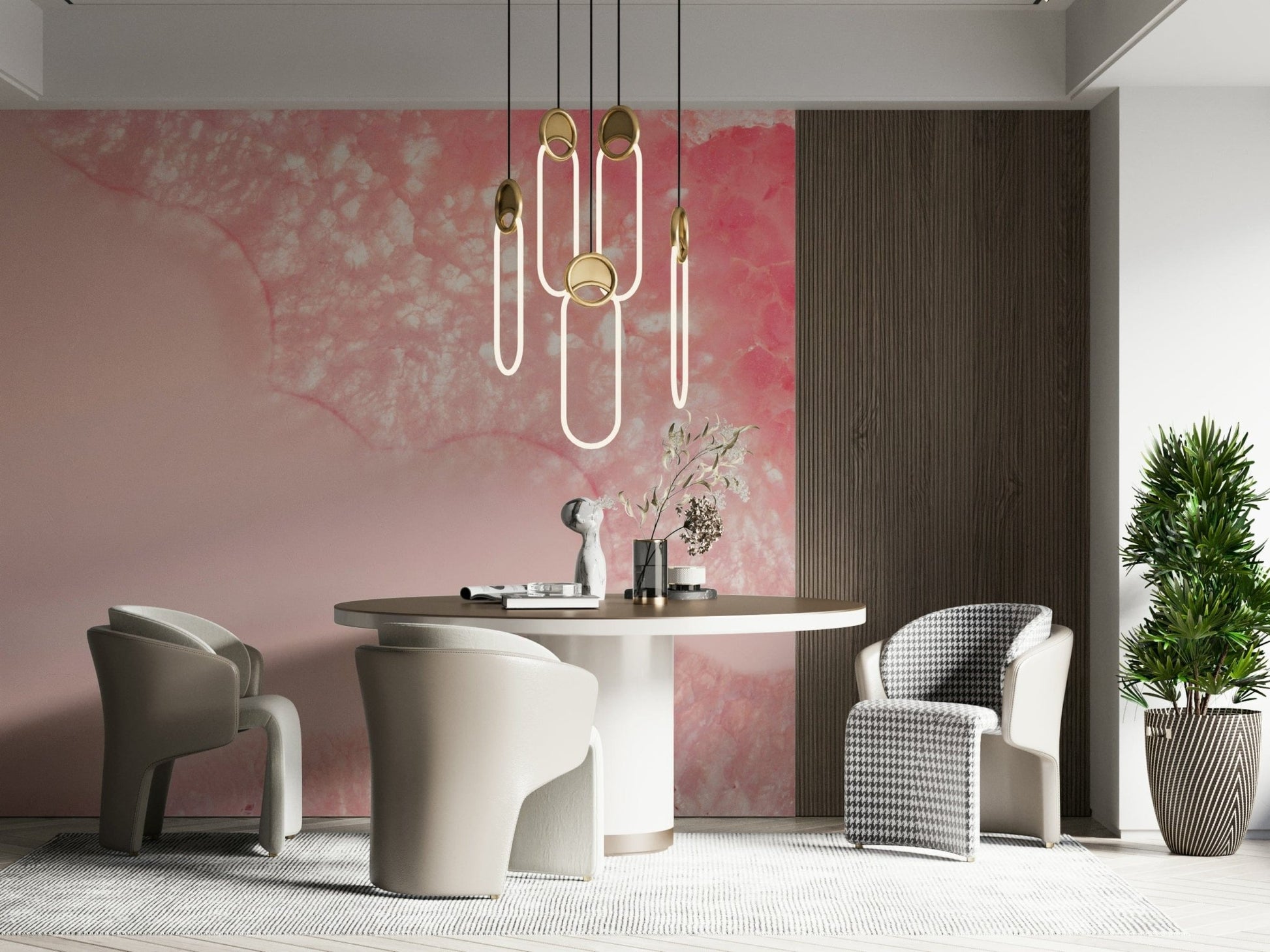 Wall mural depicting delicate flowers and sparkling crystals in soft pastel tones.