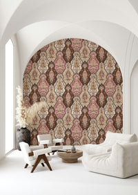 Sophisticated wallpaper featuring blossom-patterned motifs arranged in a woven layout.