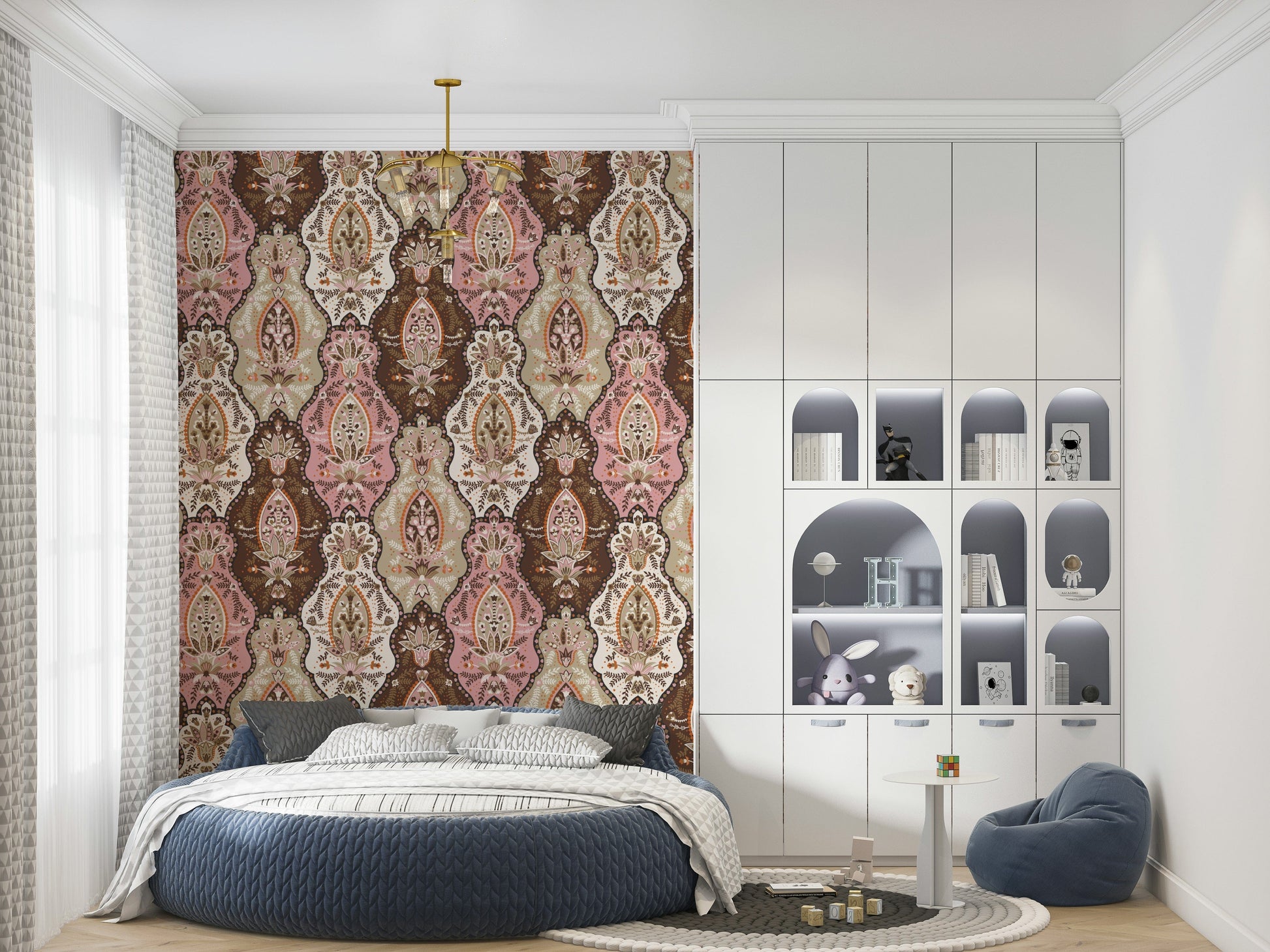 Textured floral wallpaper mural with pink, cream, and brown ornamental details.