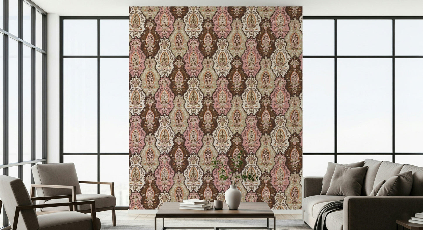 Elegant vintage floral wallpaper in soft pink and earthy brown hues.