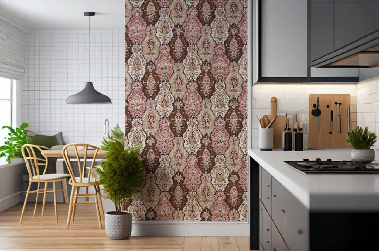Intricate blossom-themed wallpaper mural with repeating woven-style floral patterns.