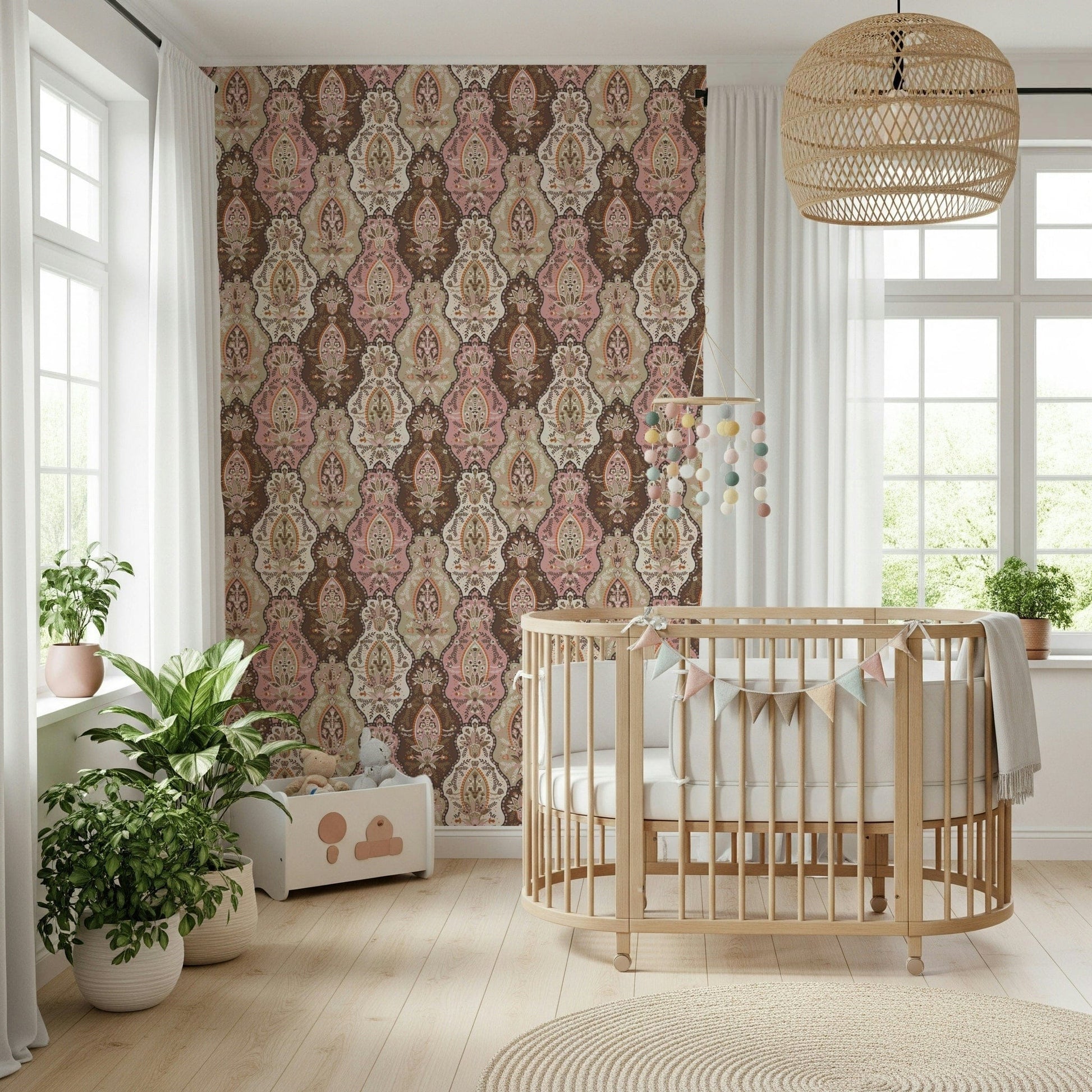 Blossom Weave wallpaper featuring ornate floral motifs in pink, brown, and cream tones.