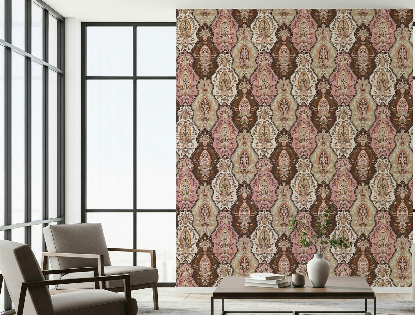 Elegant vintage floral wallpaper in soft pink and earthy brown hues.