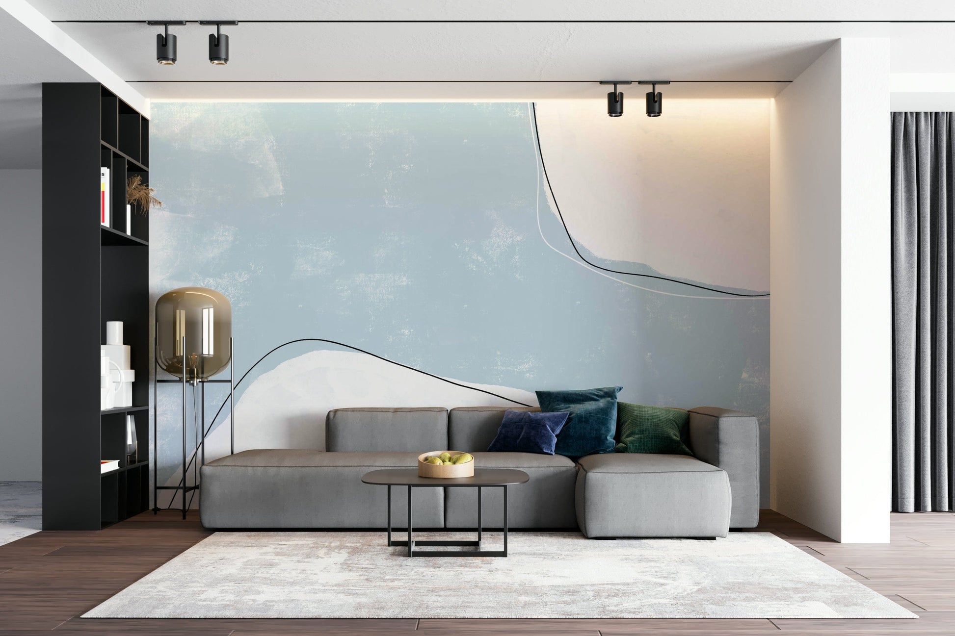 A calming blue abstract wallpaper mural that defines a space.

